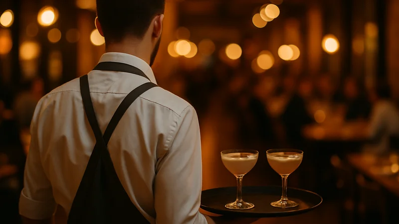 Server carrying a tray of finished drinks through a dining room
