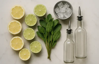 Fresh citrus, herbs and syrups on a bar prep station