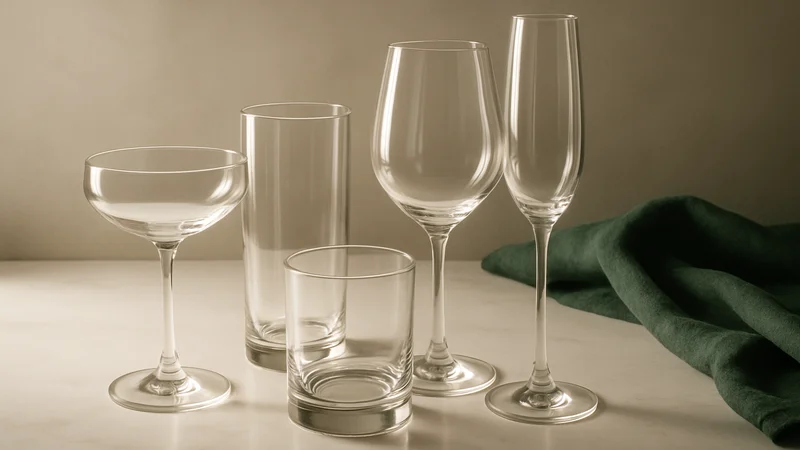 A selection of cocktail glassware arranged on a marble counter