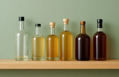 Unlabelled spirit bottles arranged on a back-bar shelf